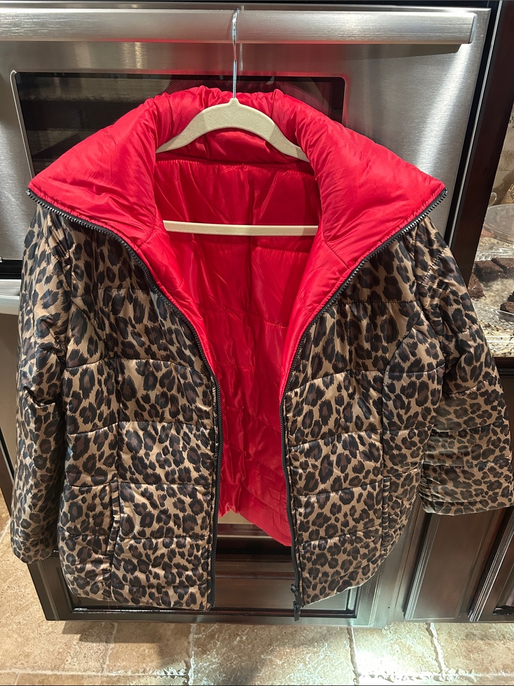 Kids Leopard Print Puffer Jacket with Red Lining